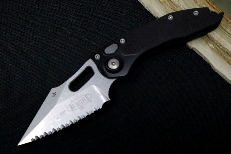 Microtech Stitch Auto - Wharncliffe Stonewashed Blade with Full Serrate / Black Textured Milled Aluminum Handle 169-12 - Northwest Knives