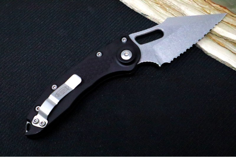Microtech Stitch Auto - Wharncliffe Stonewashed Blade with Full Serrate / Black Textured Milled Aluminum Handle 169-12 - Northwest Knives
