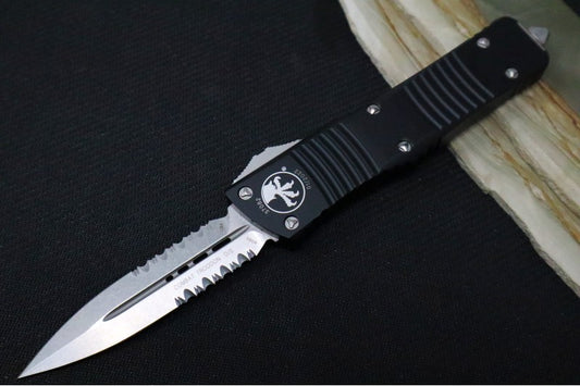 Microtech Combat Troodon OTF - Stonewash Finish / Dagger Blade with Partial Serrate / Black Handle - 142-11