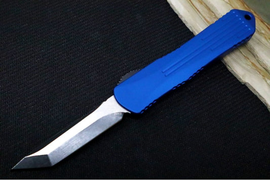 Heretic Knives Manticore E OTF - Battleworn Finish / Tanto Blade / Elmax Steel / Blue Anodized Aluminum Handle H027-8A-BLU