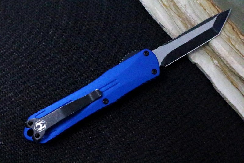 Heretic Knives Manticore E OTF - Battleworn Finish / Tanto Blade / Elmax Steel / Blue Anodized Aluminum Handle H027-8A-BLU