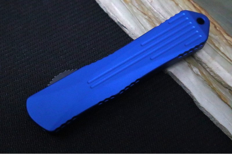 Heretic Knives Manticore E OTF - Battleworn Finish / Tanto Blade / Elmax Steel / Blue Anodized Aluminum Handle H027-8A-BLU