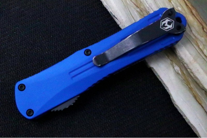 Heretic Knives Manticore E OTF - Battleworn Finish / Tanto Blade / Elmax Steel / Blue Anodized Aluminum Handle H027-8A-BLU