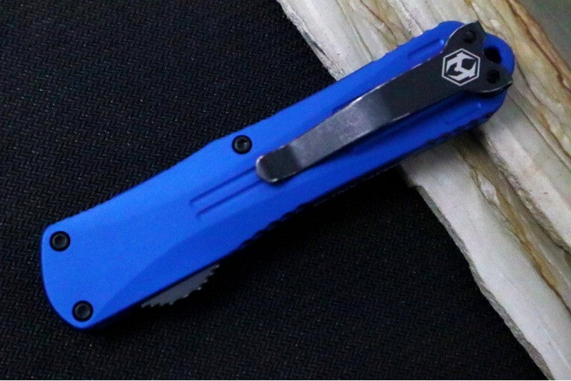 Heretic Knives Manticore E OTF - Battleworn Finish / Tanto Blade / Elmax Steel / Blue Anodized Aluminum Handle H027-8A-BLU - Northwest Knives