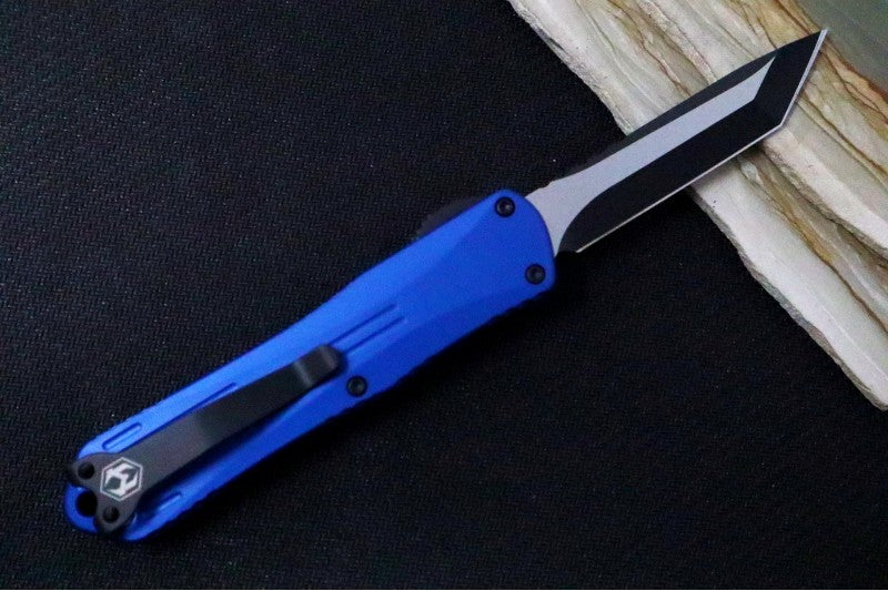 Heretic Knives Manticore E OTF - Two-Toned Finish / Tanto Blade / Elmax Steel / Blue Anodized Aluminum Handle H027-10A-BLU - Northwest Knives