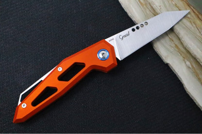 Maniago Knife Makers Edge - Satin Clip Point Blade / M390 Steel / Orange Anodized Aluminum & Blue Accents MK-EG-AOR