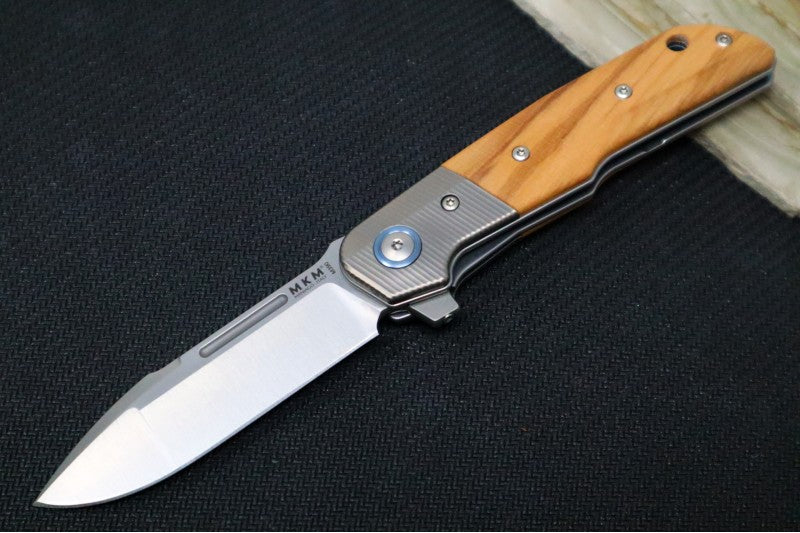 Maniago Knife Makers Clap - Stonewashed Drop Point Blade / M390 Steel / Olive Wood Handle Scales w/ Titanium Bolsters
