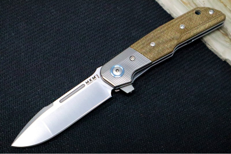 Maniago Knife Makers Clap - Stonewashed Drop Point Blade / M390 Steel / Green Canvas Micarta Handle Scales w/ Titanium Bolsters