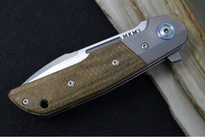 Maniago Knife Makers Clap - Stonewashed Drop Point Blade / M390 Steel / Green Canvas Micarta Handle Scales w/ Titanium Bolsters