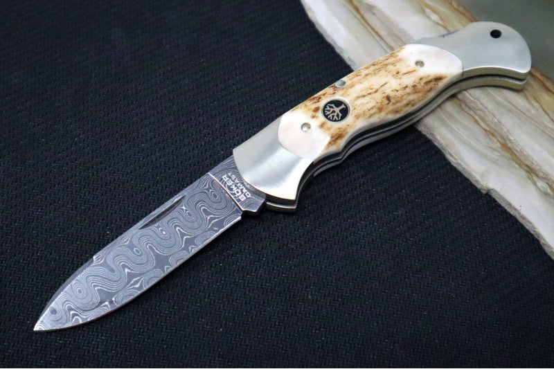 Boker Scout Stag Damascus - Stag & Silver Nickel Handle / Spearpoint Damascus Blade 112201DAM