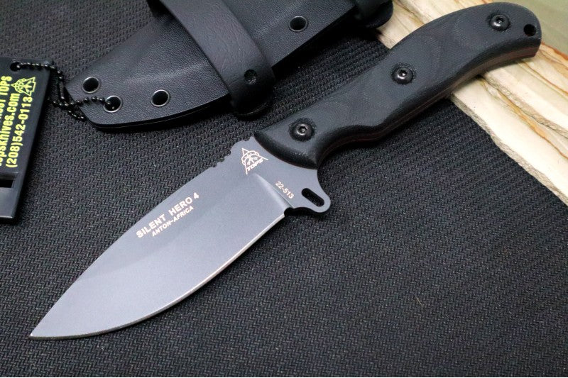 Tops Silent Hero 4 - 1095 Steel / Black Canvas Micarta Handle / Black Kydex Sheath HERO4-01