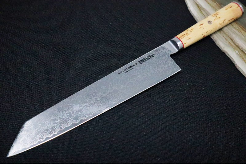 Miyabi Birchwood - 9.5" Kiritsuke - 100 Layered Flower Damascus - SG2 Powdered Steel - Japanese Masur Birch Handle - Made in Seki City, Japan