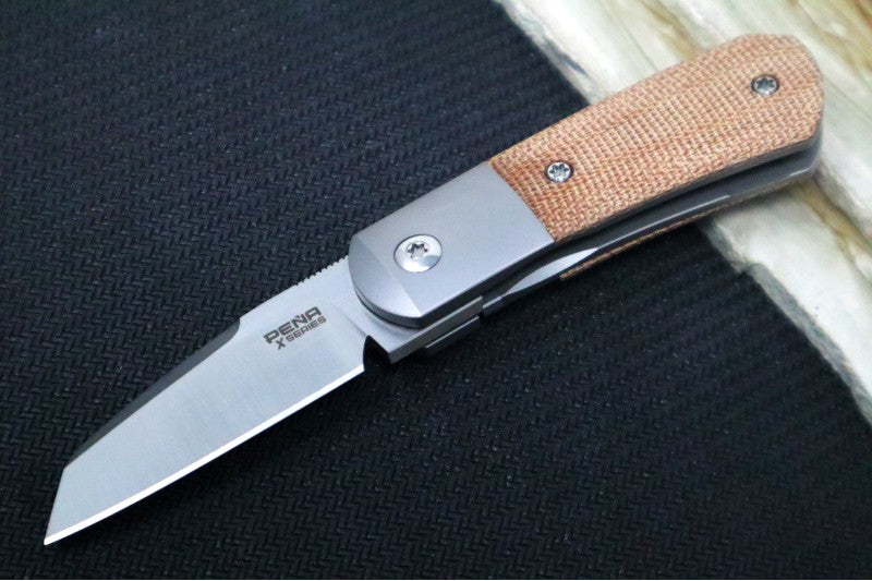 Pena Knives Micro Apache Front Flipper - Titanium & Brown Micarta Handle / M390 Steel / Sheepsfoot Blade