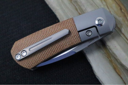 Pena Knives Micro Apache Front Flipper - Titanium & Brown Micarta Handle / M390 Steel / Sheepsfoot Blade