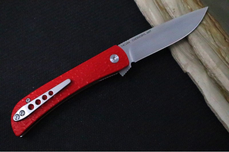 Finch Knives Chernobyl Ant - Satin Drop Point Blade / 14C28N Steel / Red Head (Jigged G10) Handle Inlays CA004