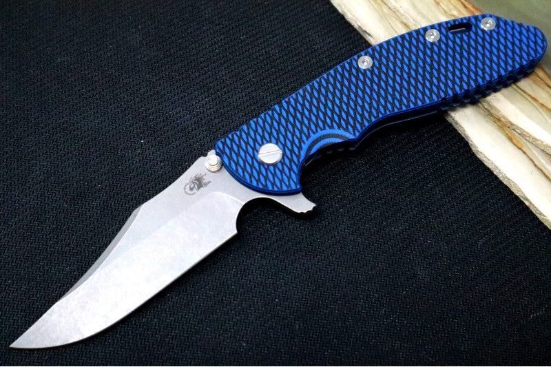 Rick Hinderer Knives XM-24 - 4" Bowie Blade / CPM-20CV / Black & Blue G-10 / Battle Blue Titanium Frame