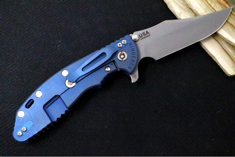 Rick Hinderer Knives XM-24 - 4" Bowie Blade / CPM-20CV / Black & Blue G-10 / Battle Blue Titanium Frame