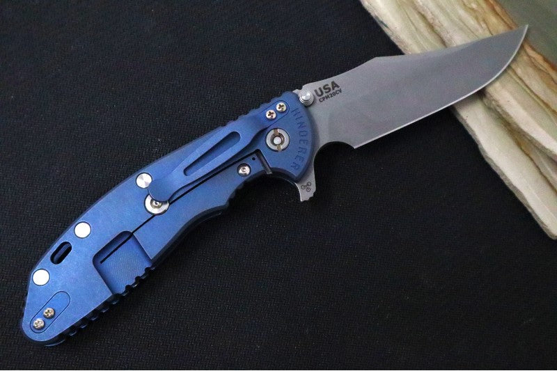 Rick Hinderer Knives XM-24 - 4" Bowie Blade / CPM-20CV / Black G-10 / Battle Blue Titanium Frame