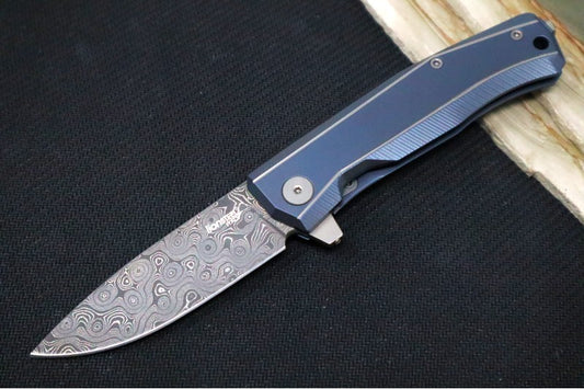 Lionsteel Myto Flipper - Drop Point Blade / Chad Nichols Raindrop Damascus / Blue Anodized Titanium Handle MT01DBL