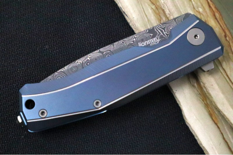 Lionsteel Myto Flipper - Drop Point Blade / Chad Nichols Raindrop Damascus / Blue Anodized Titanium Handle MT01DBL