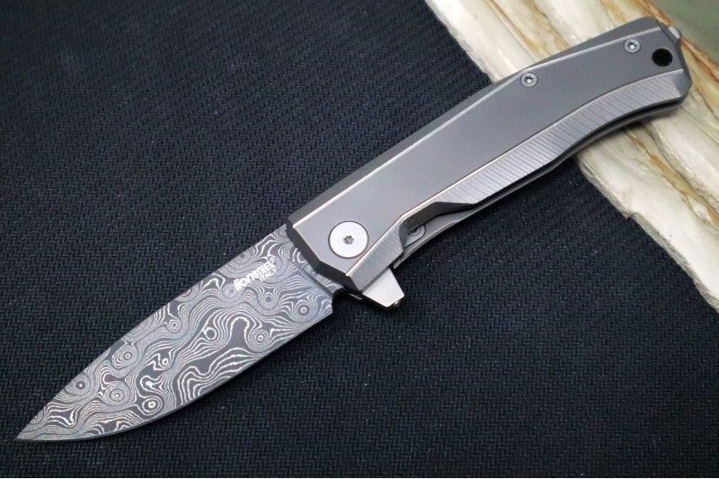 Lionsteel Myto Flipper - Drop Point Blade / Chad Nichols Raindrop Damascus / Grey Anodized Titanium Handle MT01DGY - Northwest Knives