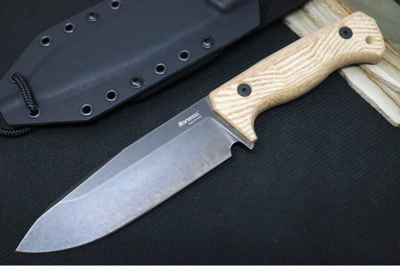 Lionsteel T6 Fixed Blade Hunting Knife - Natural Canvas Micarta Handle / "Old Black" Coating / K490 Steel