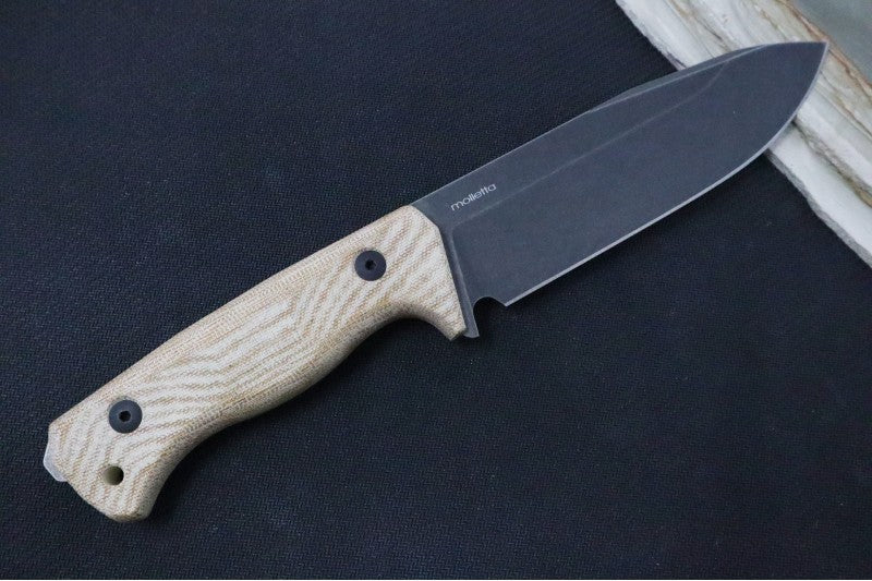 Lionsteel T6 Fixed Blade Hunting Knife - Natural Canvas Micarta Handle / "Old Black" Coating / K490 Steel