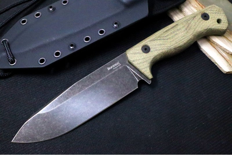 Lionsteel T6 Fixed Blade Hunting Knife - Green Canvas Micarta Handle / "Old Black" Coating / K490 Steel