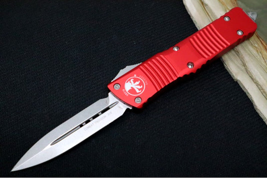 Microtech Combat Troodon OTF - Stonewash Finish / Dagger Blade / Red Handle - 142-10RD
