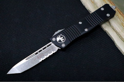 Microtech Troodon OTF - Tanto Style with Partial Serrate / Stonewash Blade / Black Handle - 140-11AP