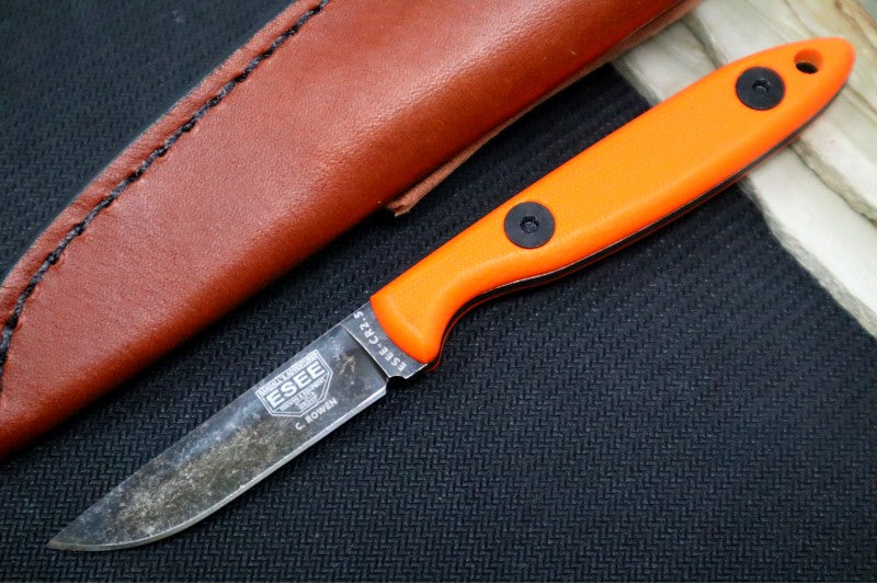 Esee Knives CR2.5 - Orange G10 Handle / 1095 Steel / Black Oxide Stonewash Finish / Leather Sheath ESEE-CR2.5-OR
