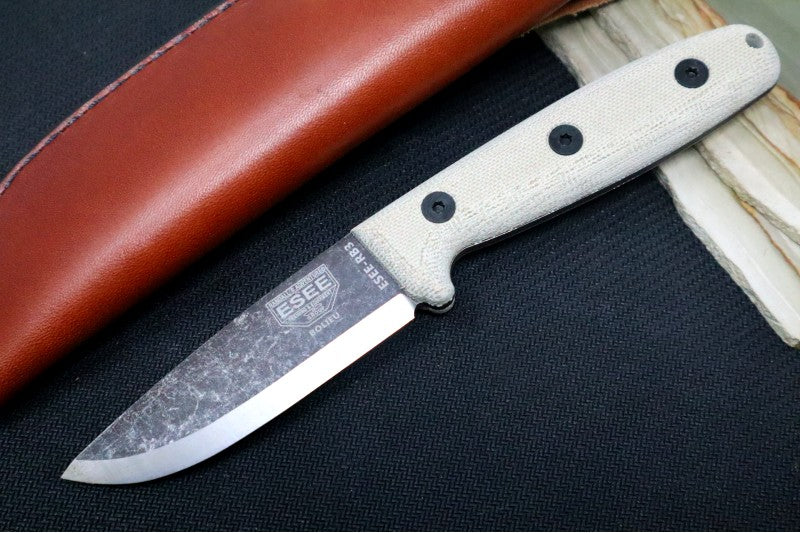 Esee Knives RB3 - Natural Canvas Micarta Handle / 1095 Steel / Black Oxide Stonewash Finish / Leather Sheath ESEE-RB3-BO