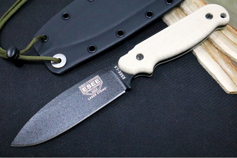 Esee Knives Laser Strike - Natural Canvas Micarta Handle / 1095 Steel / Black Textured Powdered Coating Finish ESEE-LS-P-E