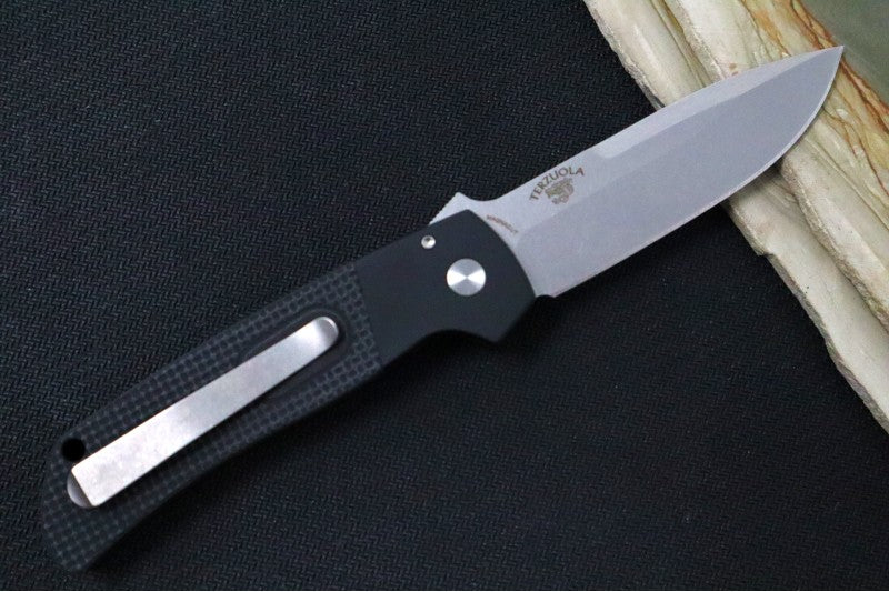 Pro Tech Terzuloa ATCF Auto - Black Aluminum & Textured Black G-10 Handle / 3D Titanium Clip / Stonewash Drop Point Blade / CPM-Magnacut Steel BT2714