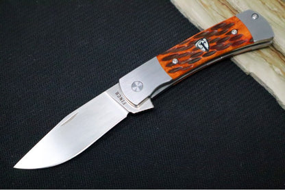 Finch Knives Model 1934 Crawdad - Satin Drop Point Blade / 154CM Steel / Tan Jigged Bone Handle Inlays MO301
