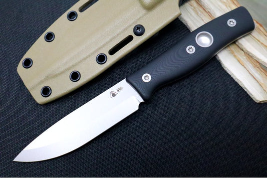 SURVIVE! GSO Bushcraft 4.5 with Bow Drill Divot - Black G-10 Handle / Peened 3V Blade / FDE Kydex Sheath