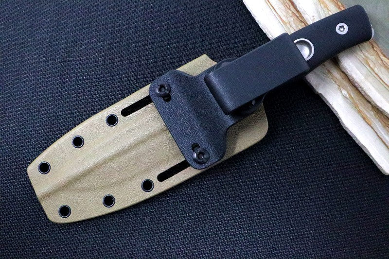 SURVIVE! GSO Bushcraft 4.5 with Bow Drill Divot - Black G-10 Handle / Peened 3V Blade / FDE Kydex Sheath