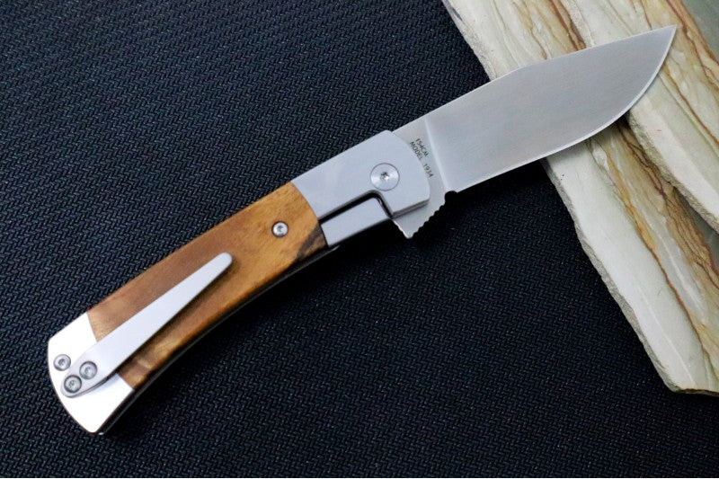 Finch Knives Model 1934 - Satin Drop Point Blade / 154CM Steel / Burlwood Handle Inlays MO204