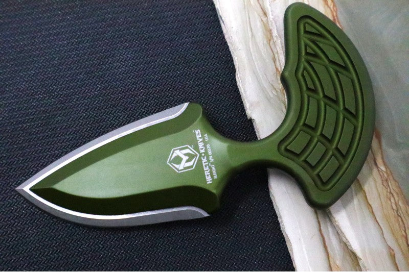 Heretic Knives Sleight Fixed Blade - Dagger Blade / CPM-20CV Steel / Battleworn Finish / Green Aluminum Handle H050-5A-GRN