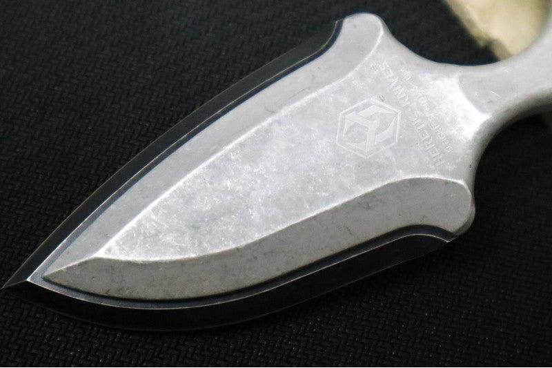 Heretic Knives Sleight Fixed Blade - Dagger Blade / CPM-20CV Steel / Black Battleworn Finish / Blizzardworn Aluminum Handle H050-8A-BLIZZARD