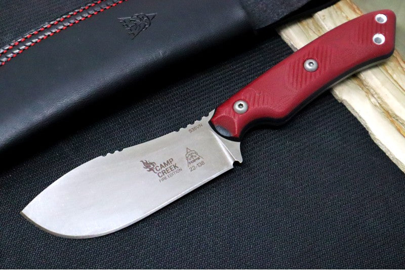 Tops Camp Creek Fire Edition - CPM-S35VN Steel / Red G10 Handle / Black Leather Sheath CPCKFE-01 - Northwest Knives