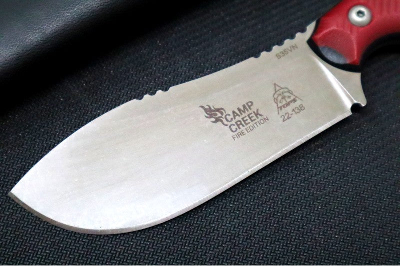 Tops Camp Creek Fire Edition - CPM-S35VN Steel / Red G10 Handle / Black Leather Sheath CPCKFE-01