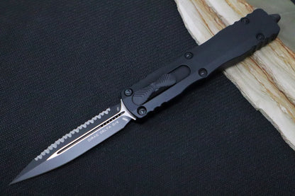 Microtech Dirac Delta Tactical OTF - Black Finish / Fully Serrated Dagger Blade / Black Aluminum Handle 227-3T