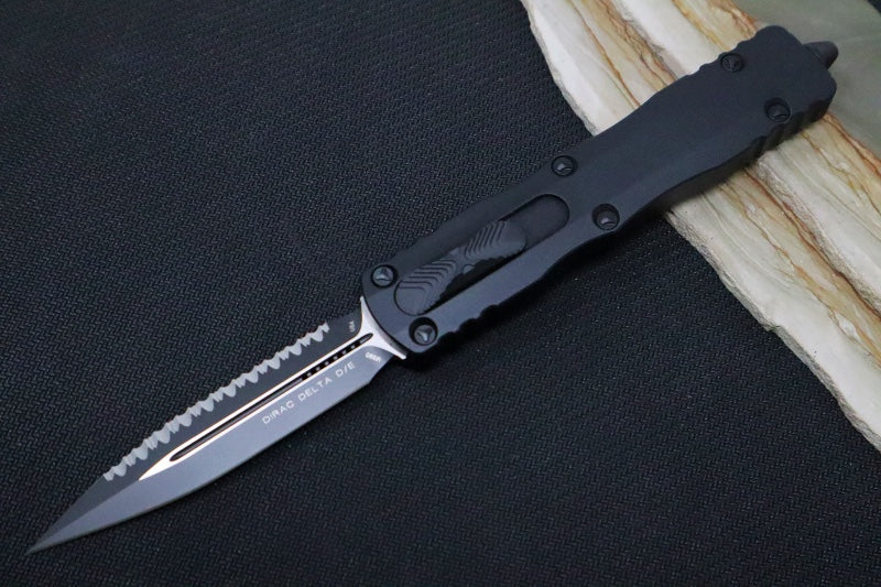 Microtech Dirac Delta Tactical OTF - Black Finish / Fully Serrated Dagger Blade / Black Aluminum Handle 227-3T - Northwest Knives