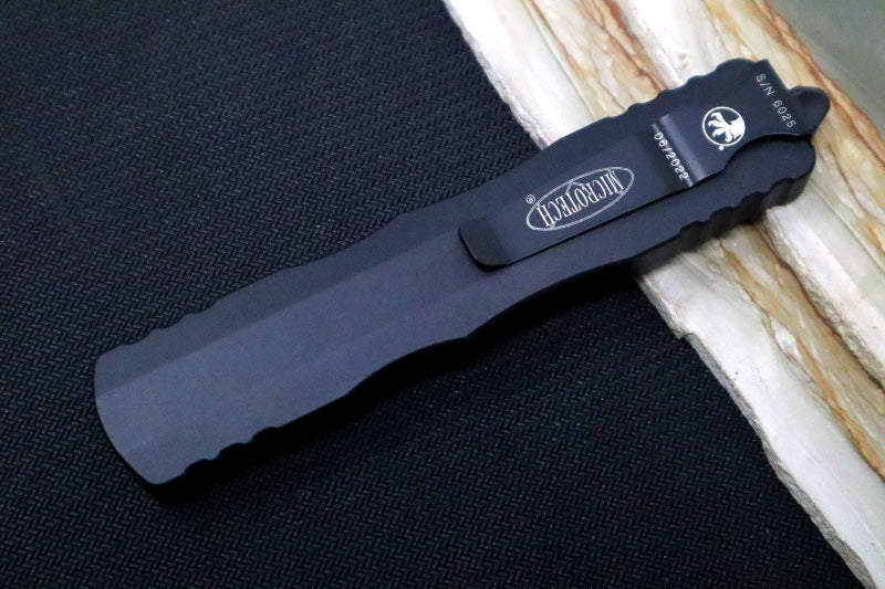 Microtech Dirac Delta Tactical OTF - Black Finish / Fully Serrated Dagger Blade / Black Aluminum Handle 227-3T