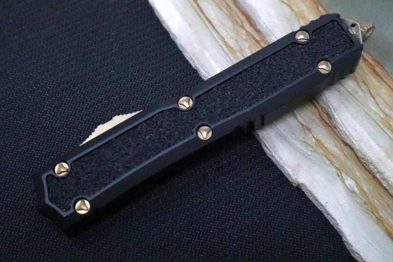 Microtech Signature Series Makora OTF - Bronzed Blade / Dagger Style / Black Anodized Aluminum Handle with Grip-Tape Inlays / Nickel Boron Internals - 206-13S