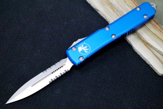Microtech Ultratech OTF - Partial Serrated Dagger Blade / Stonewash Finish / Blue Handle - 122-11BL