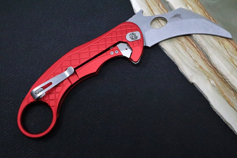Lionsteel L.E. One - Karambit Blade / CPM-Magnacut Steel / Stonewashed Finish / Red Anodized Aluminum Handle LE1-A-RS - Northwest Knives