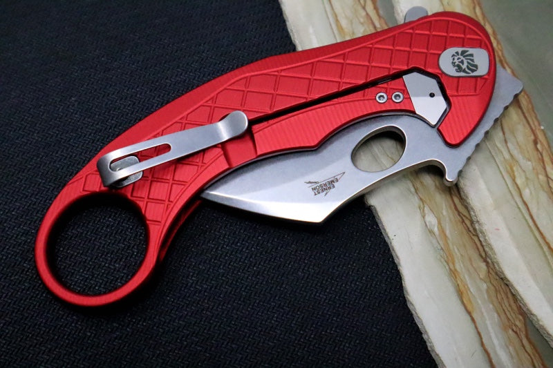 Lionsteel L.E. One - Karambit Blade / CPM-Magnacut Steel / Stonewashed Finish / Red Anodized Aluminum Handle LE1-A-RS - Northwest Knives