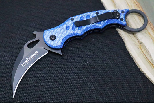 Fox Knives Karambit - Blue Twill Carbon Fiber Handle / Black N690Co Blade / Emerson Wave - FOX479BLT